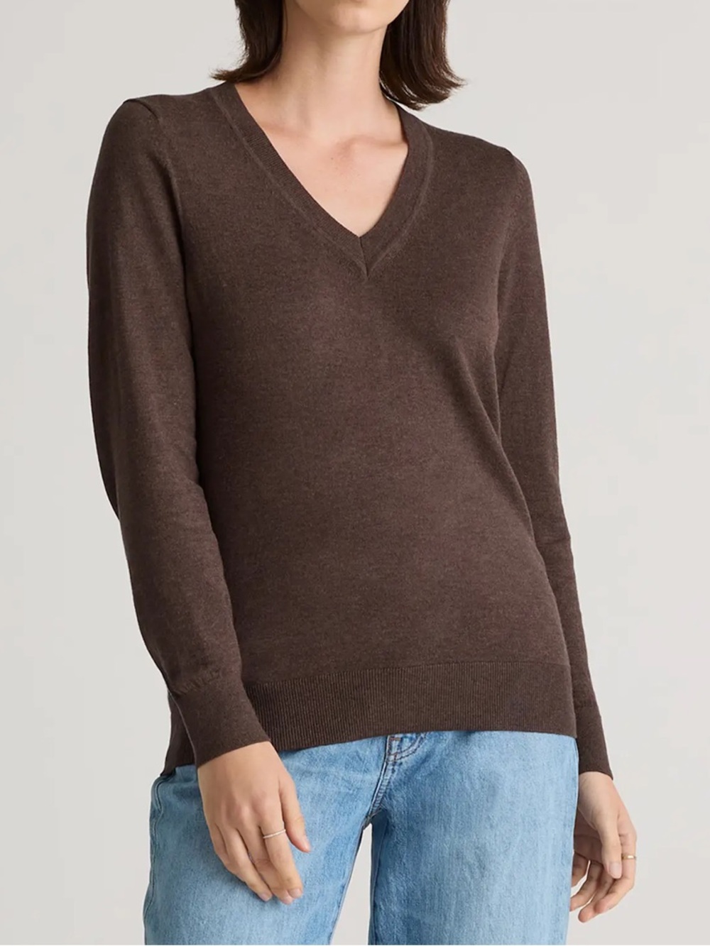 Quince Lightweight Cotton Cashmere V-Neck Sweater Mocha Heather Sz M